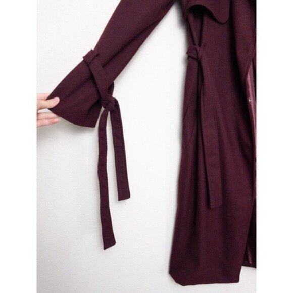 NEW J.O.A Belted Trench Coat S Burgundy Maroon Tie Cuff Double Breasted Utility - Picture 8 of 12